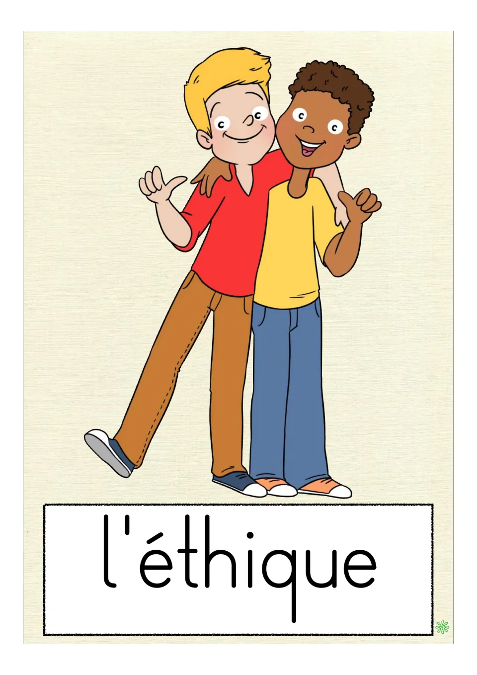 French school-subject flashcard labeled 'l'éthique' (ethics), showing two smiling students arm in arm