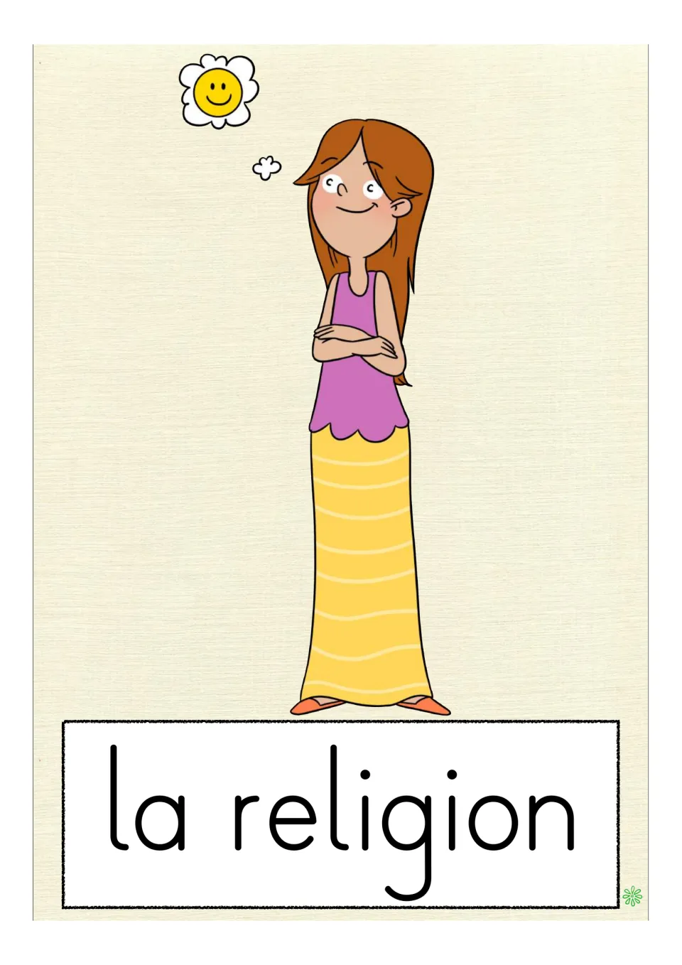French school-subject flashcard labeled 'la religion' (religion), showing a student with folded arms