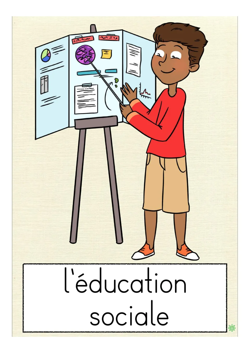 French school-subject flashcard labeled 'l'éducation sociale' (social education), showing a student presenting
