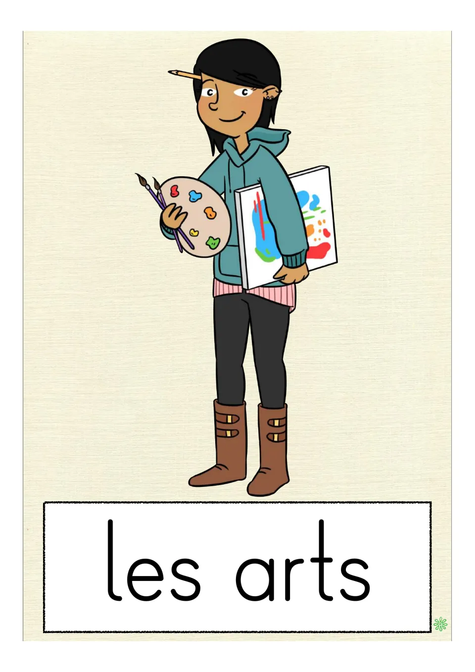 French school-subject flashcard labeled 'les arts' (arts), showing a student holding a palette and painting