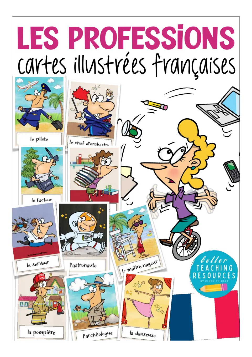 Cover of the French occupations flashcard resource, titled 'Les Professions,' showing sample job cards