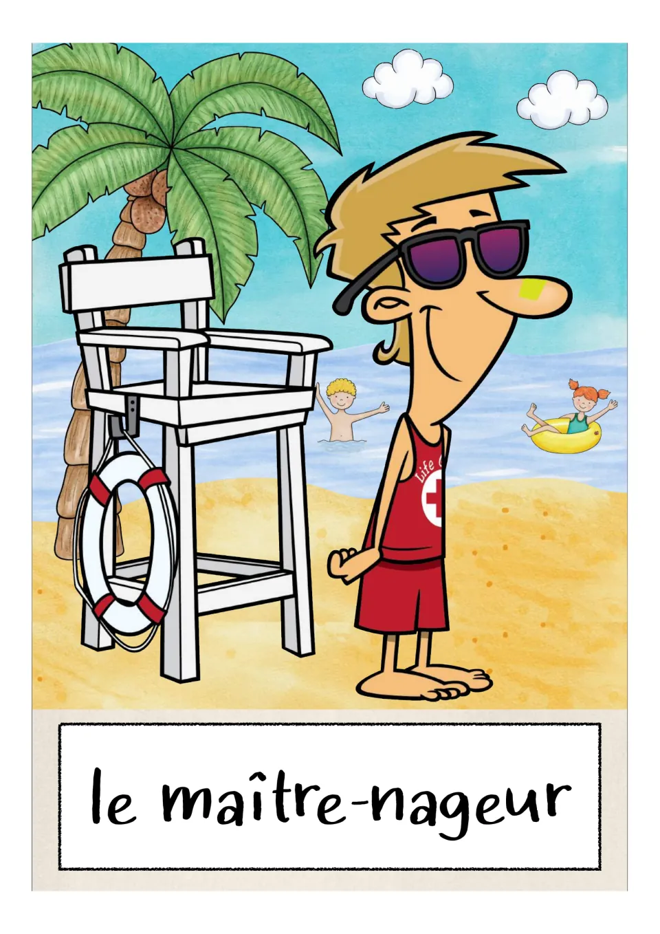 French occupations flashcard labeled 'le maître-nageur' (lifeguard), showing a lifeguard beside a chair
