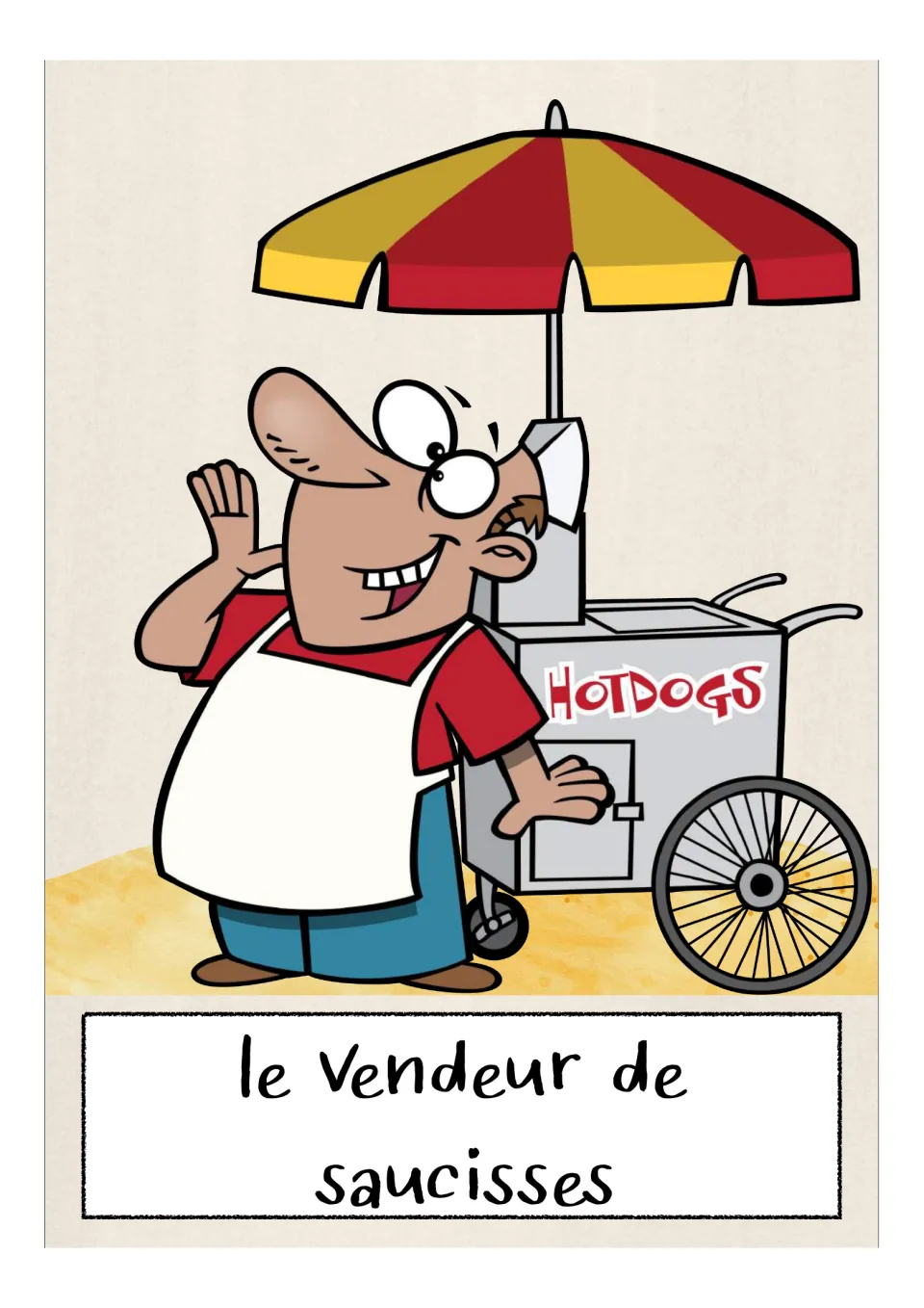 French occupations flashcard labeled 'le vendeur de saucisses' (sausage vendor), showing a hot dog cart