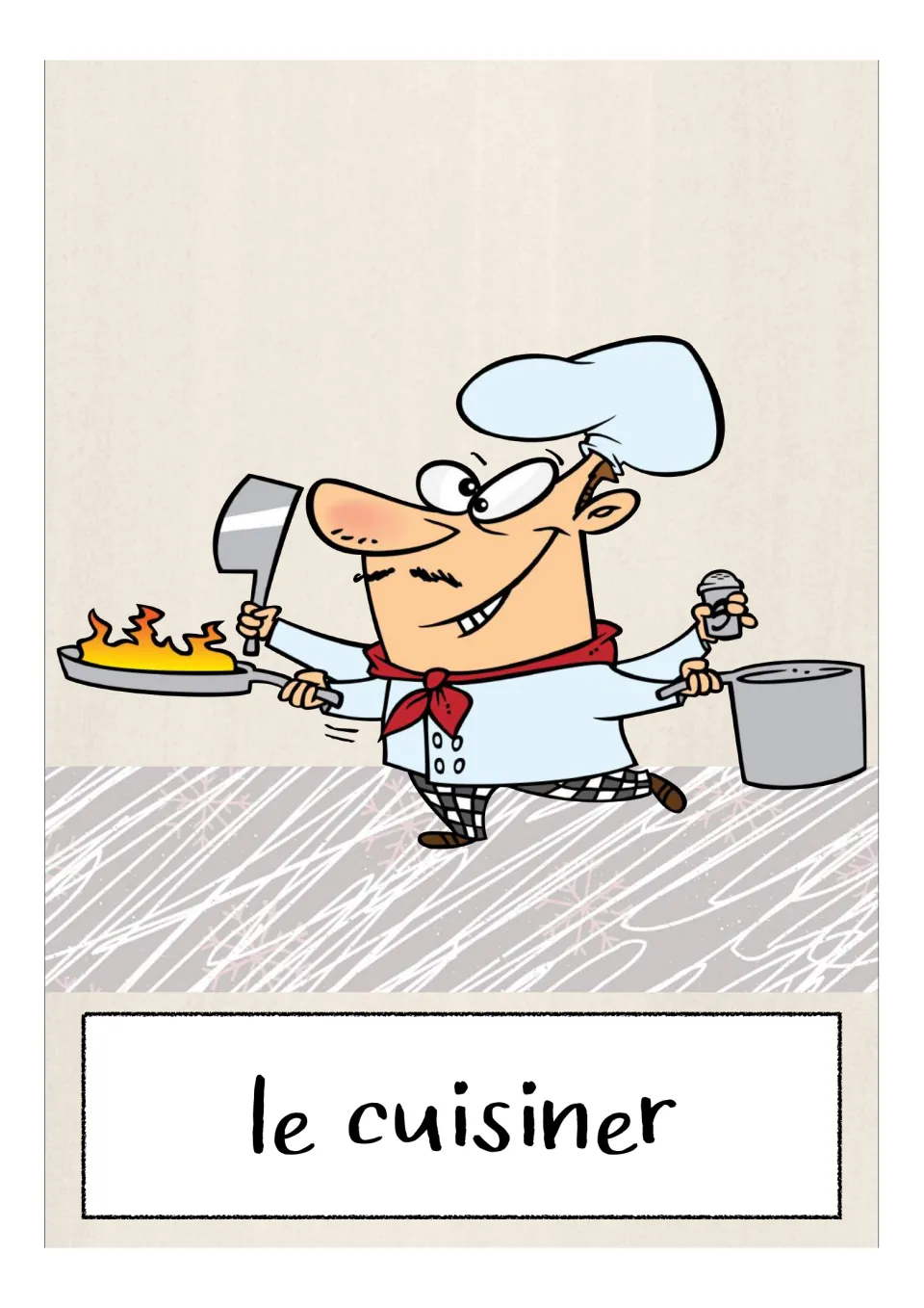 French occupations flashcard labeled 'le cuisinier' (cook), showing a cook holding cookware and seasoning
