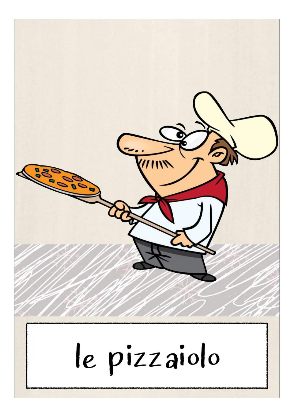 French occupations flashcard labeled 'le pizzaiolo' (pizza maker), showing a chef holding a pizza peel