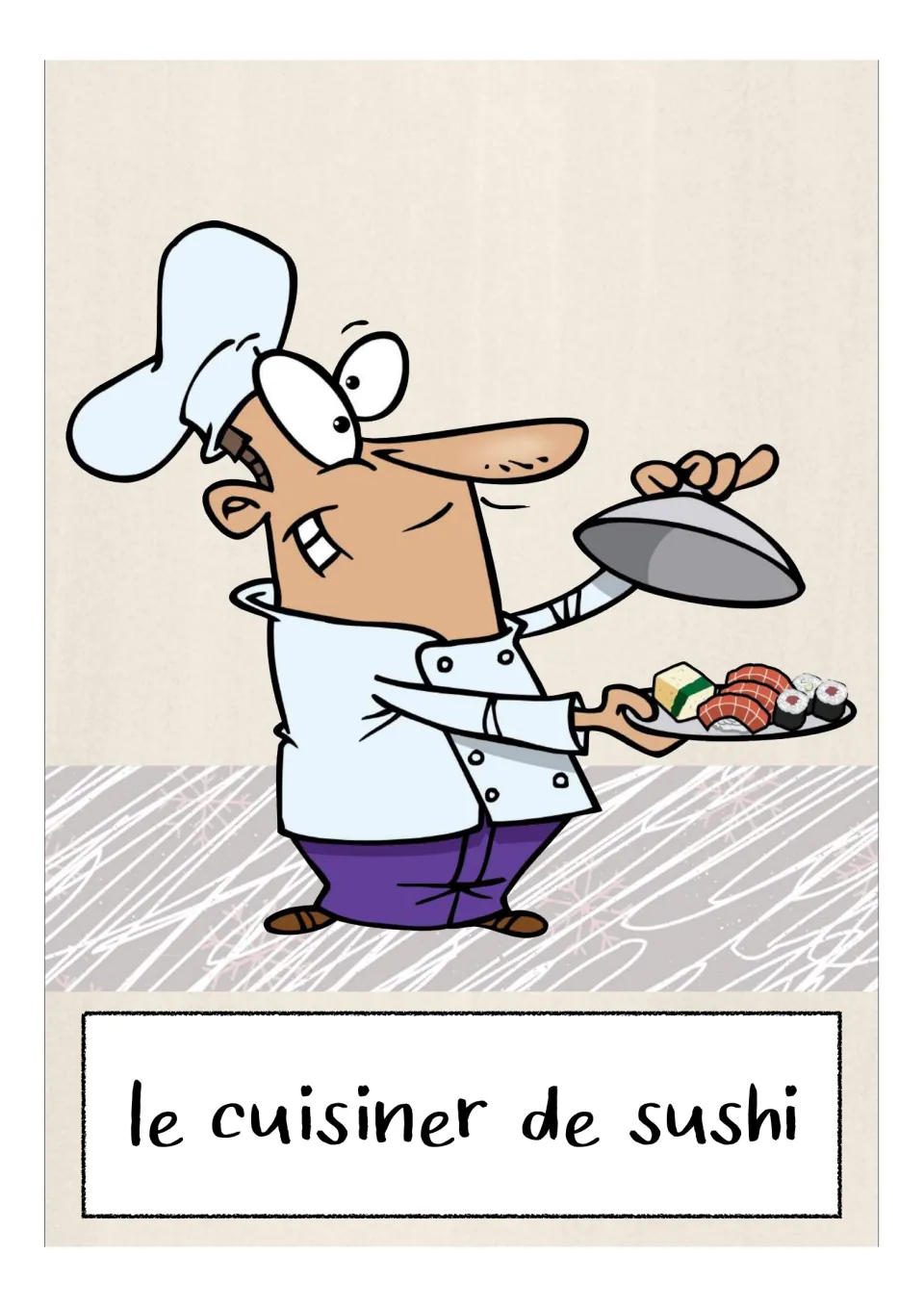 French occupations flashcard labeled 'le cuisiner de sushi,' showing a sushi chef presenting a platter