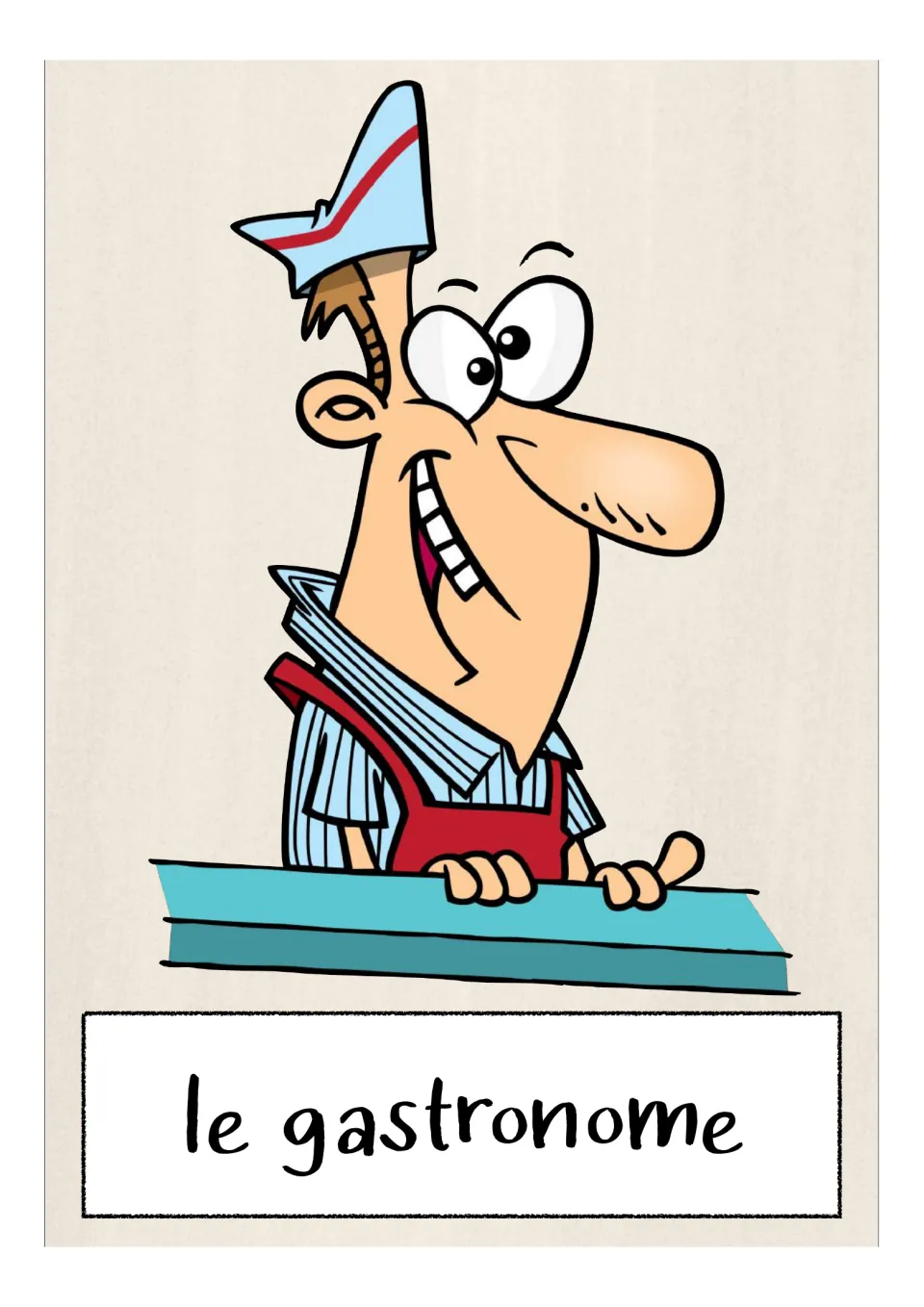 French occupations flashcard labeled 'le gastronome' (food enthusiast), showing a person at a counter