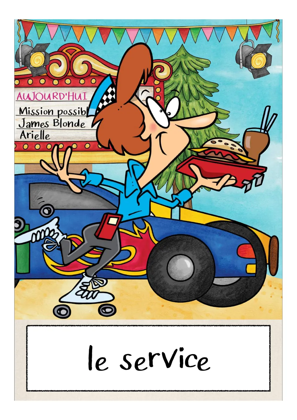 French occupations flashcard labeled 'le service' (service), showing a server on skates carrying food