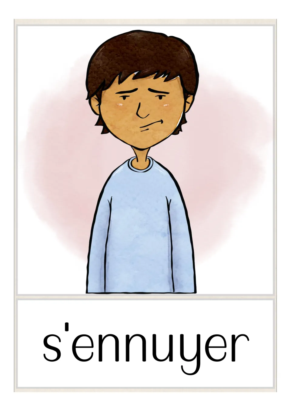 Picture card for s'ennuyer (to be bored): a boy with a flat, unimpressed expression and arms hanging at his sides