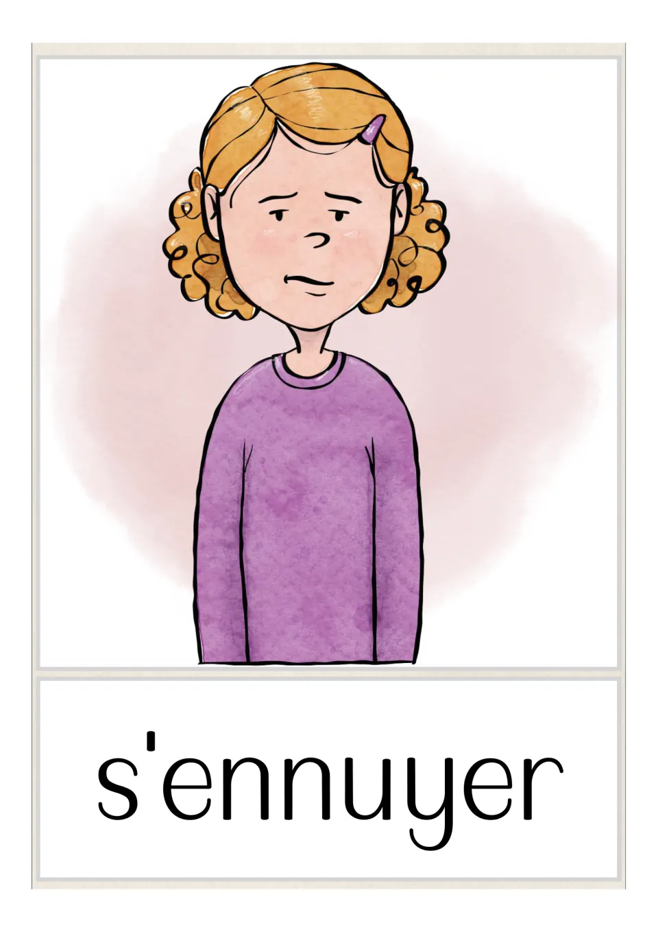 Picture card for s'ennuyer (to be bored): a curly-haired girl with a hair clip and a bored expression
