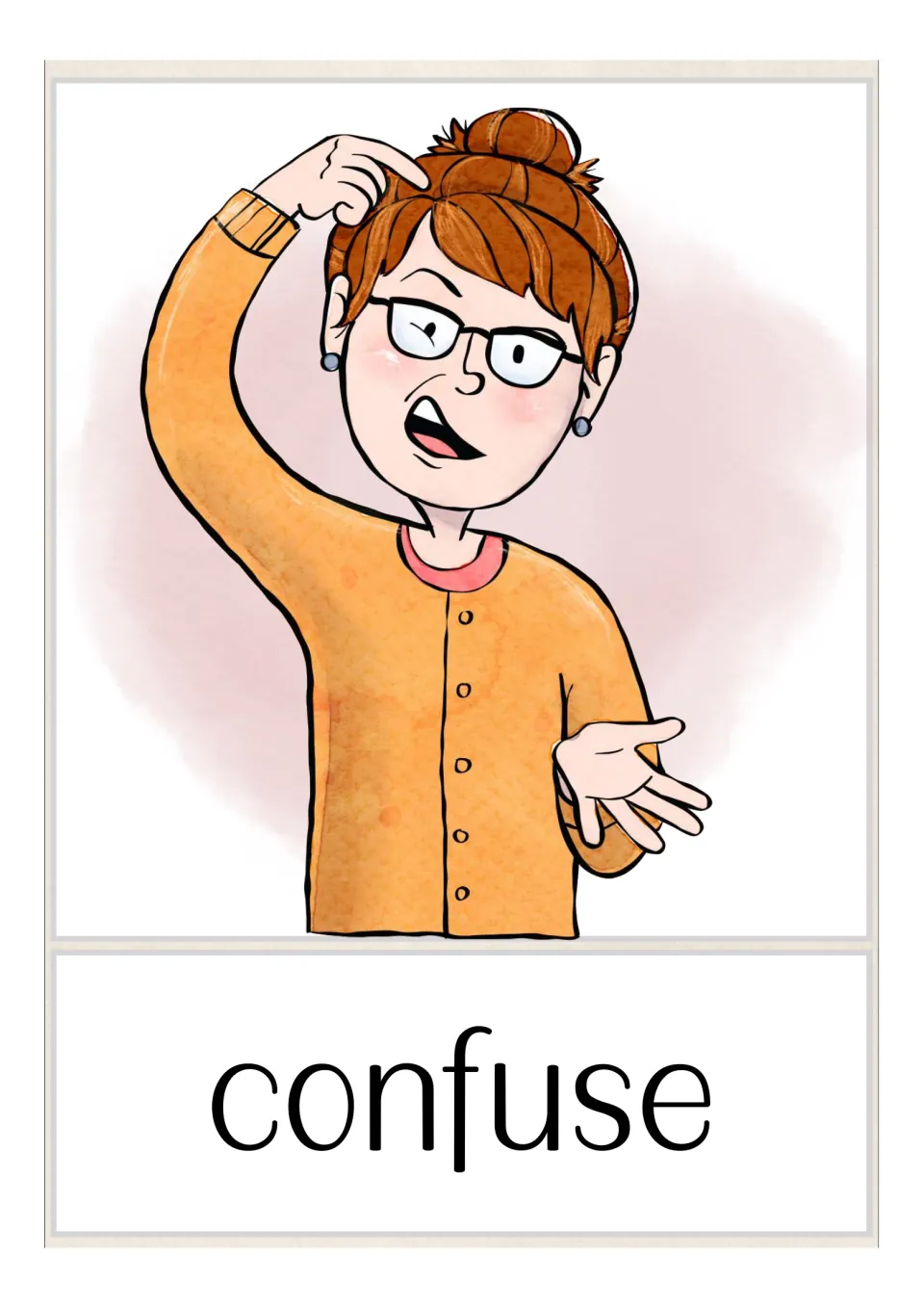 Picture card for confuse (confused, feminine): a person with glasses scratching their head, one hand held out