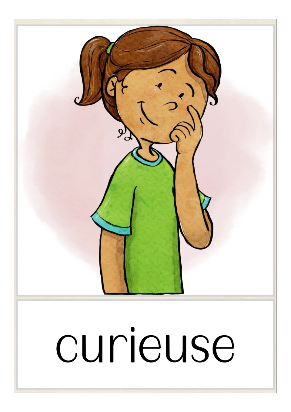 Picture card for curieuse (curious, feminine): a girl with pigtails in a green shirt with a finger at her cheek, smiling