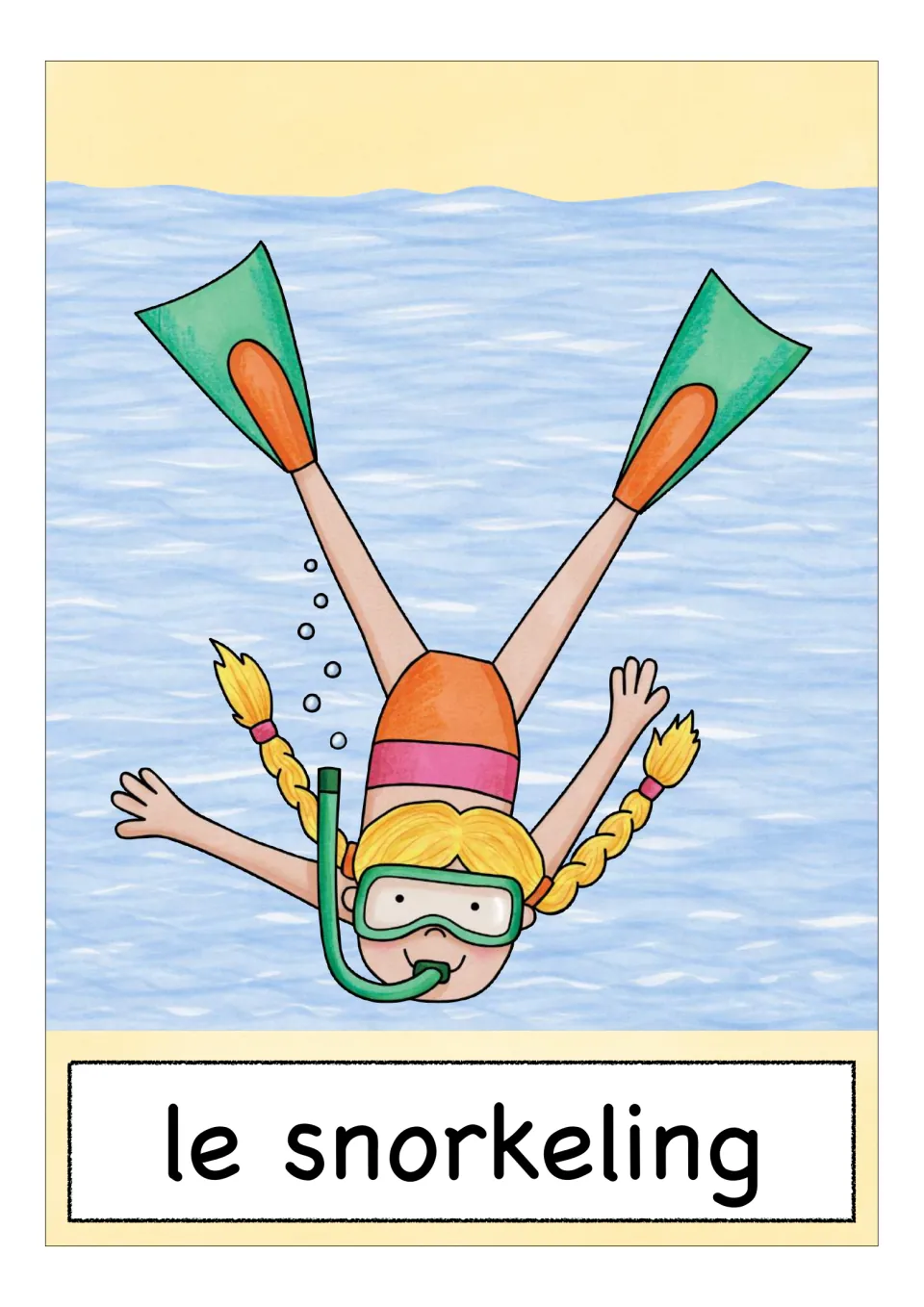 French sports vocabulary flashcard labeled 'le snorkeling' (snorkeling), showing a swimmer wearing fins