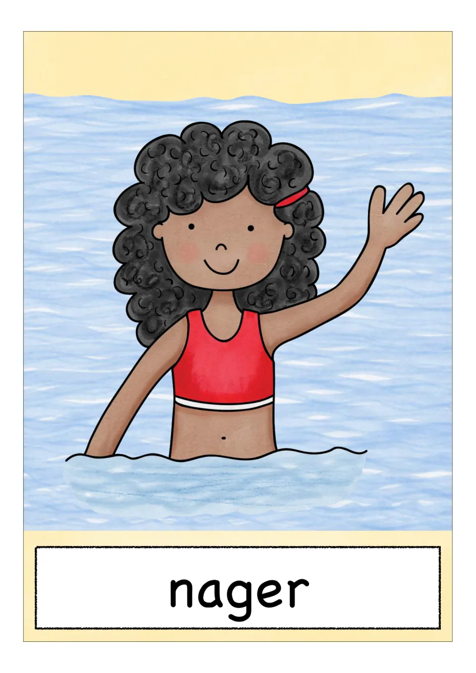 French sports vocabulary flashcard labeled 'nager' (to swim), showing a swimmer raising one hand in the water