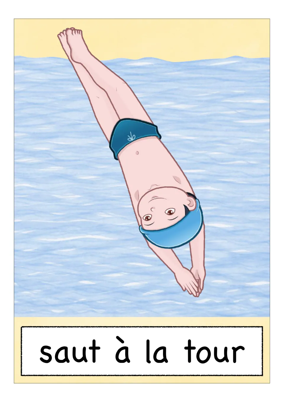 French sports vocabulary flashcard labeled 'saut à la tour', showing a diver pointed headfirst toward water
