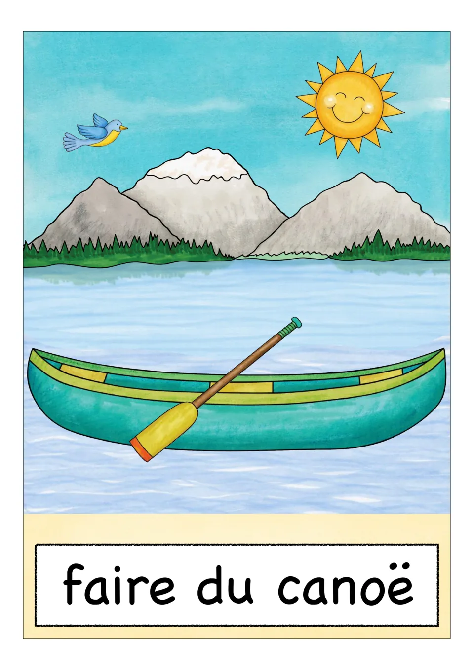 French sports vocabulary flashcard labeled 'faire du canoë' (to canoe), showing a canoe and a single paddle