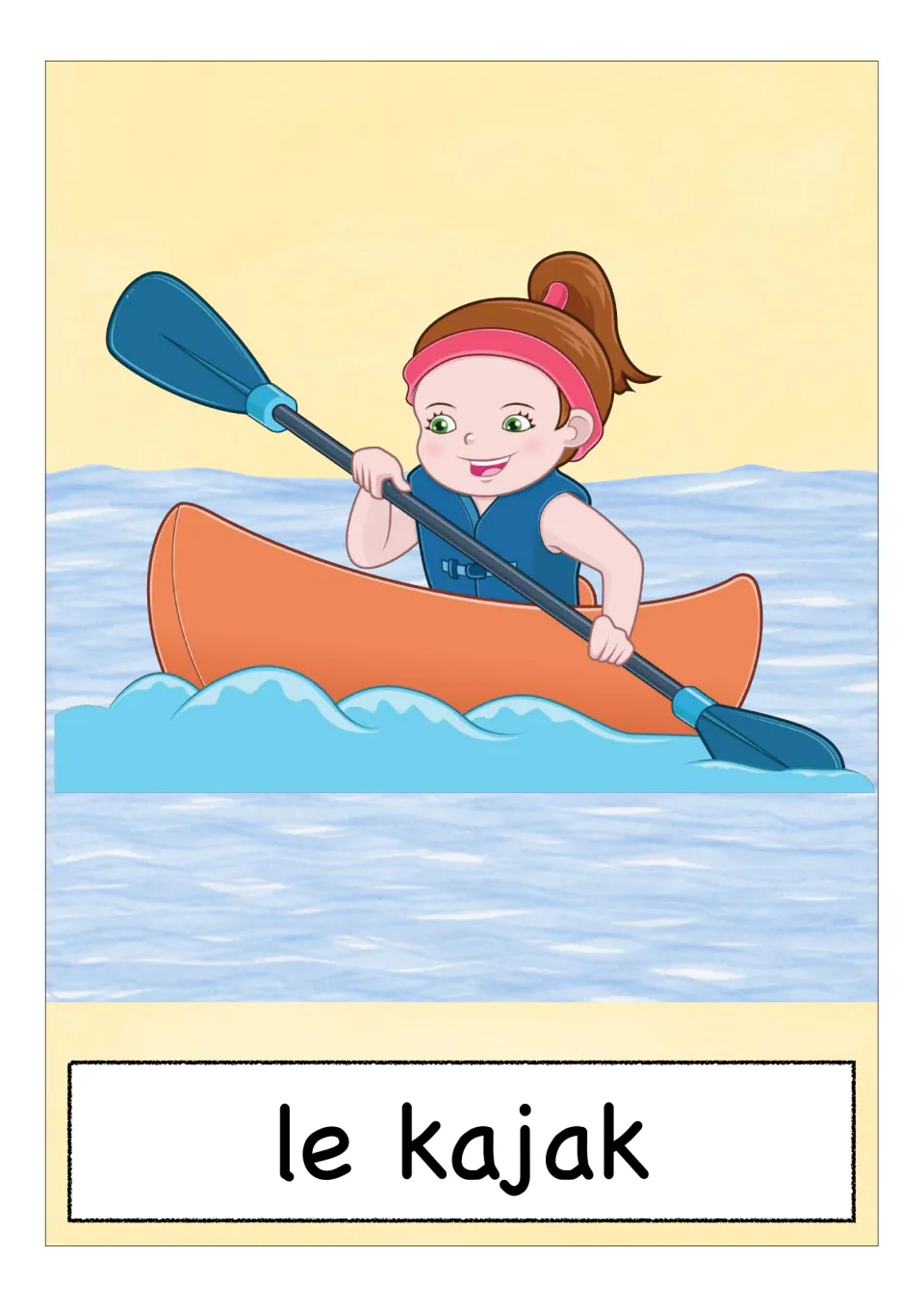 French sports vocabulary flashcard labeled 'le kajak' (kayak), showing a child paddling in a life jacket