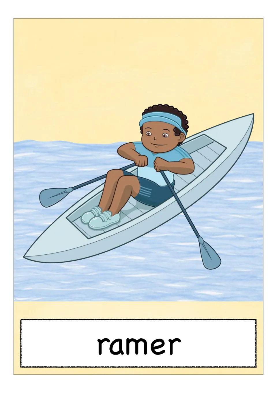 French sports vocabulary flashcard labeled 'ramer' (to row), showing a child rowing a boat with two oars
