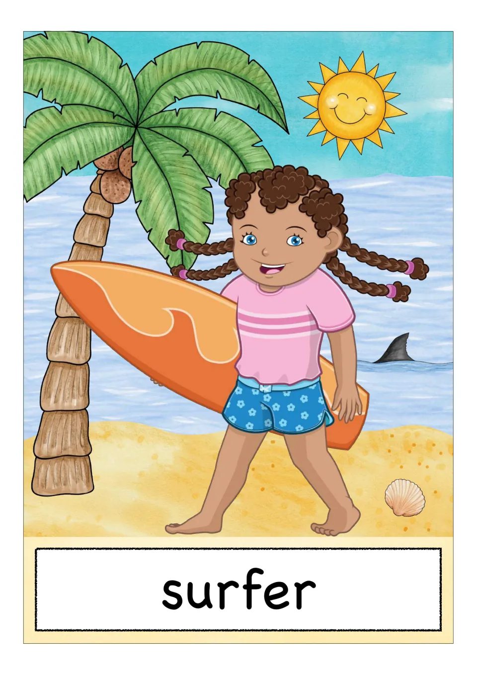 French sports vocabulary flashcard labeled 'surfer' (to surf), showing a child carrying a surfboard on a beach