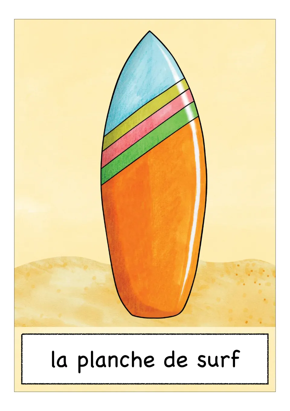 French sports vocabulary flashcard labeled 'la planche de surf' (surfboard), showing a striped orange board