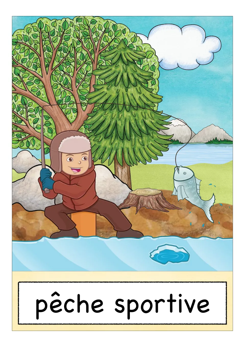 French sports vocabulary flashcard labeled 'pêche sportive' (sport fishing), showing a child catching a fish