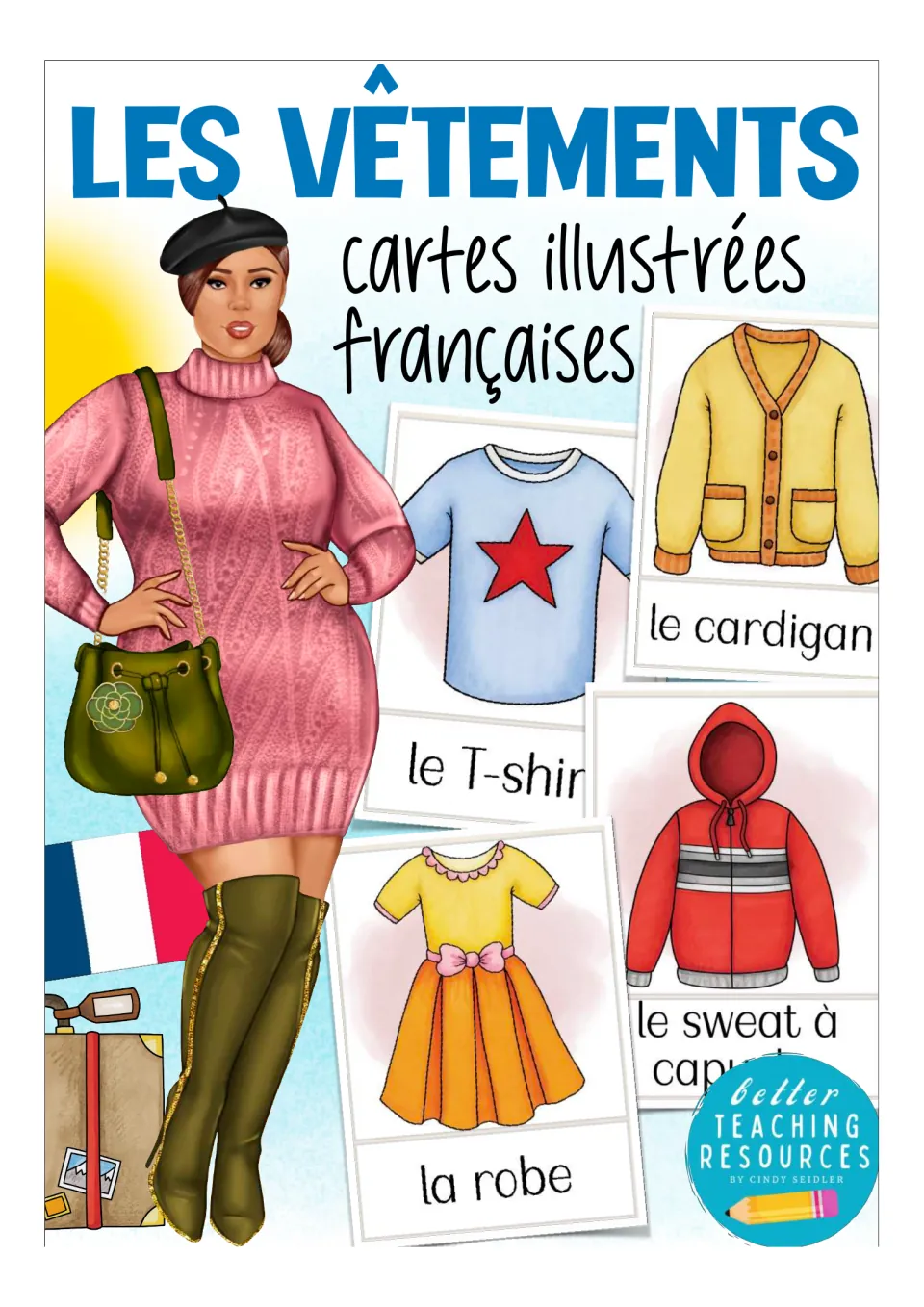 Cover for French clothing picture cards, les vêtements, showing sample cards le cardigan, le T-shirt and la robe