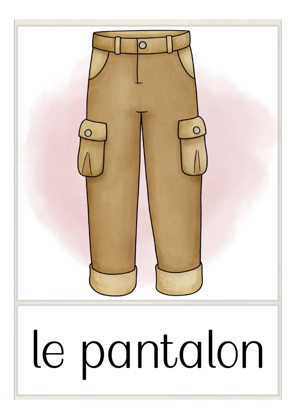 French flash card for le pantalon: a brown cargo pants illustration with the word below for students to read and say