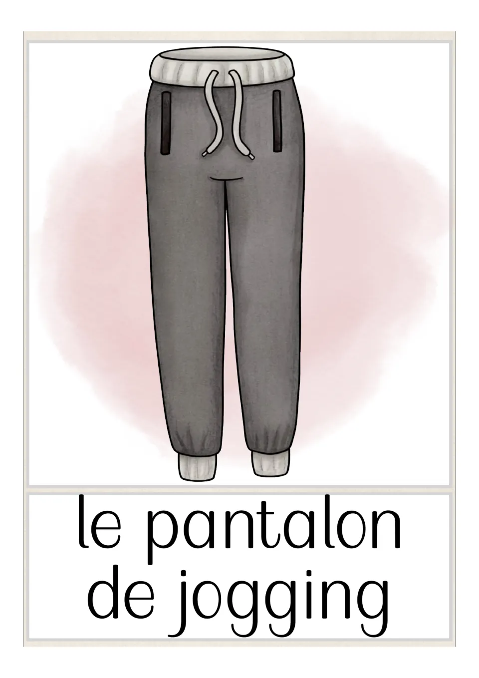 French flash card for le pantalon de jogging: gray drawstring jogging pants with cuffed ankles and the word below
