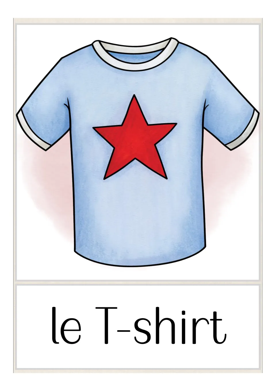 French flash card for le T-shirt: a light blue short-sleeve shirt with a red star and the French word below the picture