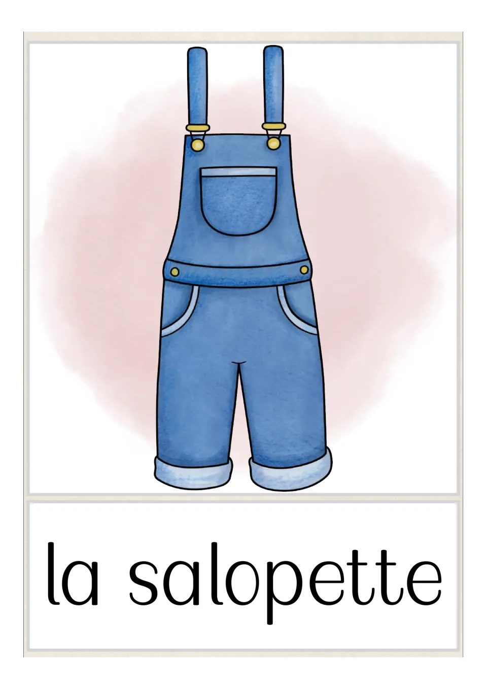 French flash card for la salopette: blue denim overalls with straps, a bib pocket and short legs, labeled in French