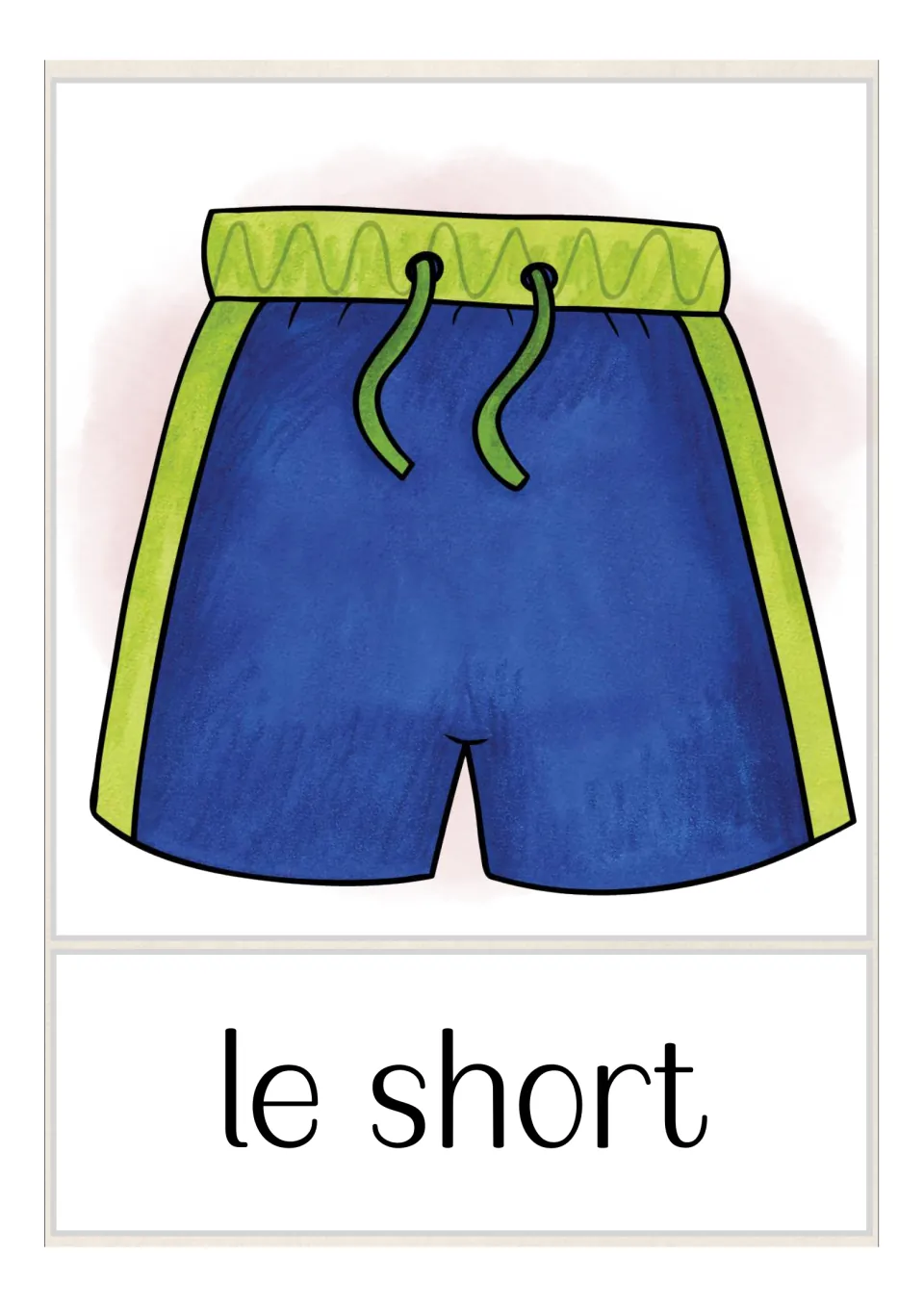 French flash card for le short: blue shorts with green side stripes and a green drawstring waistband, with the word below