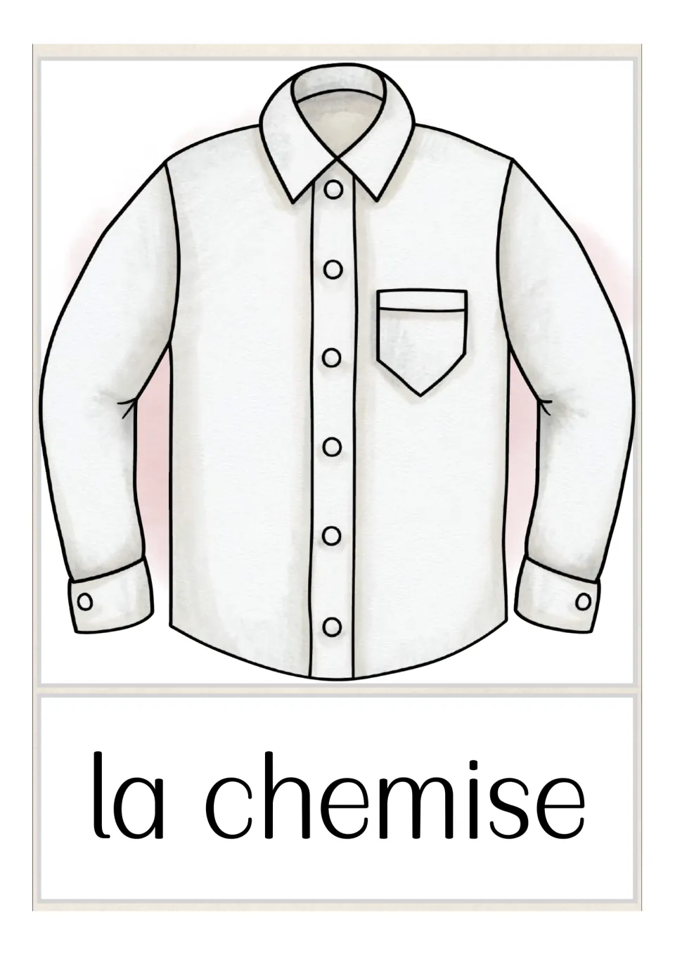 French flash card for la chemise: a white long-sleeve button-up shirt with a collar and chest pocket, labeled in French