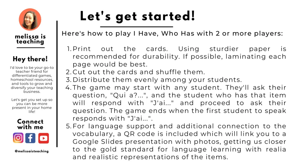 Game instructions: print, cut, shuffle, and distribute cards, then take turns asking “Qui a?” (Who has?)