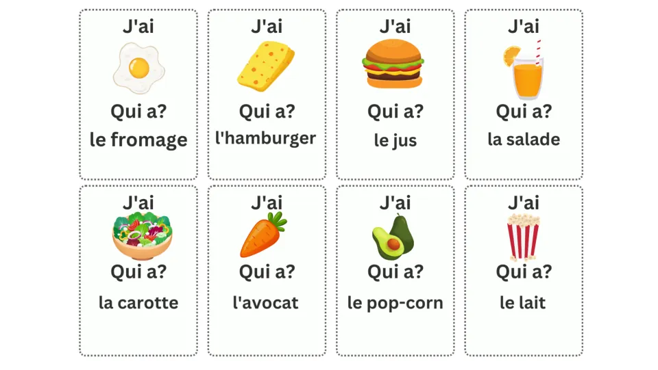 French game cards 1–8 show egg, cheese, hamburger, juice, salad, carrot, avocado, and popcorn pictures
