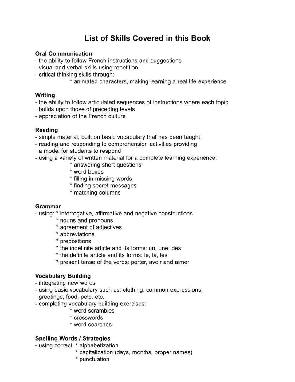 Skills list covering oral communication, writing, reading, grammar, vocabulary building and spelling strategies