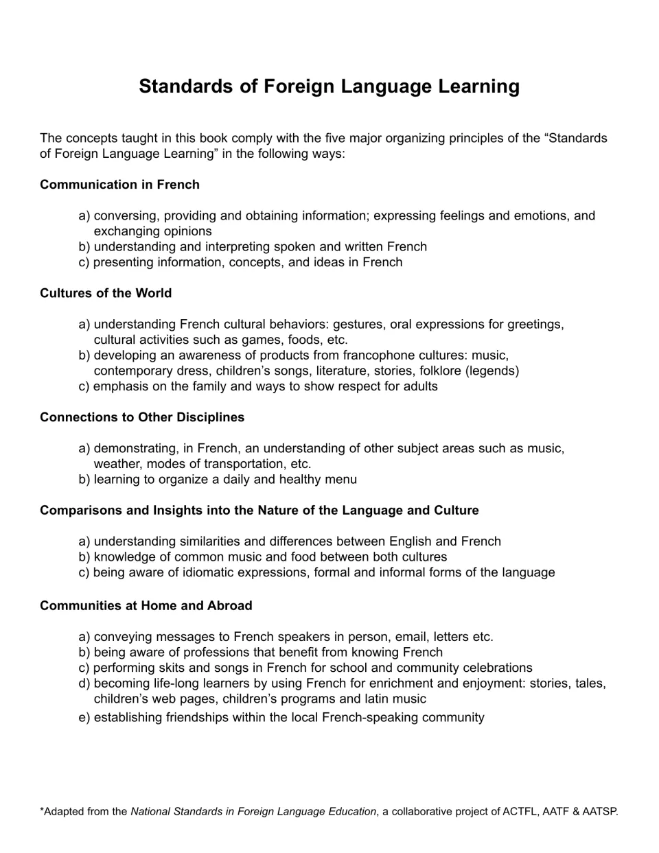 Foreign language standards in English: communication, cultures, connections, comparisons and communities, with examples