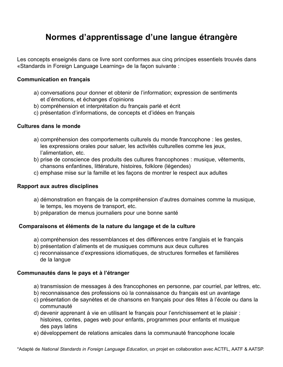 French version of the five standards overview: communication en français, cultures, rapport aux disciplines, communautés