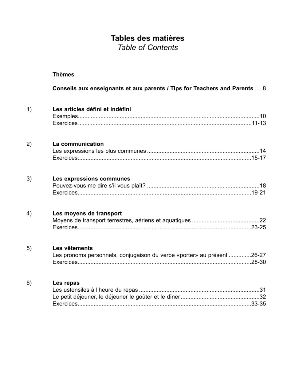 Table of contents, part 1: themes 1 to 6, from definite and indefinite articles to transport, clothing and meals