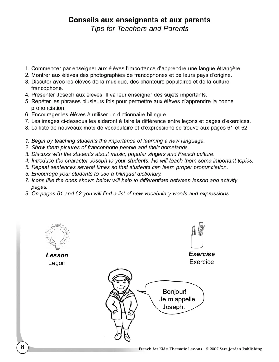 Bilingual tips for teachers and parents: introduce Joseph, repeat sentences for pronunciation, use a bilingual dictionary