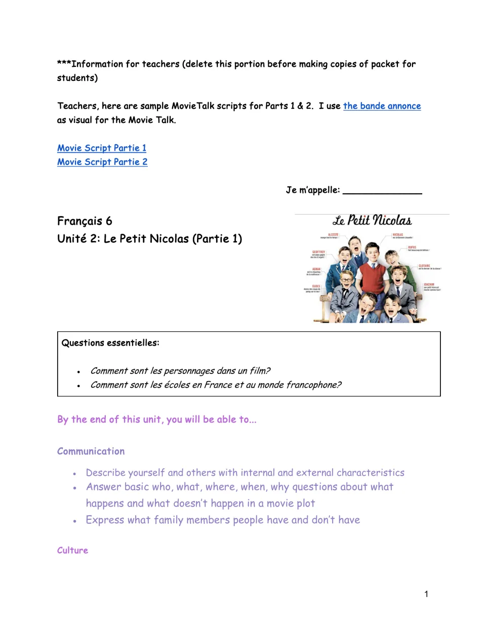 French unit introduction: teacher MovieTalk notes, essential questions, and goals for describing people and families