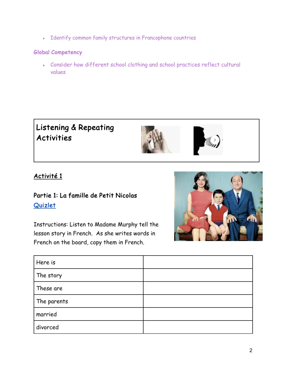French listening activity introduces Nicolas's family with vocabulary prompts for parents, married, and divorced