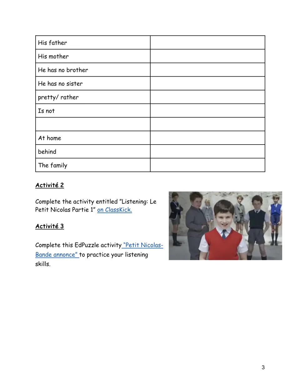 French family vocabulary continues with father, mother, and no siblings, followed by two linked listening activities
