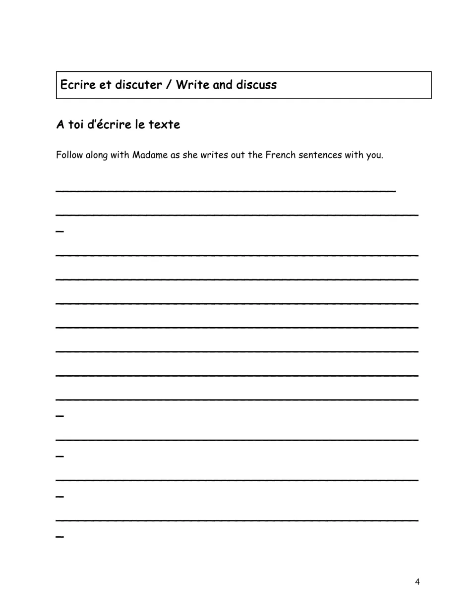 French Write and Discuss activity asks students to follow the teacher as she writes French sentences with them