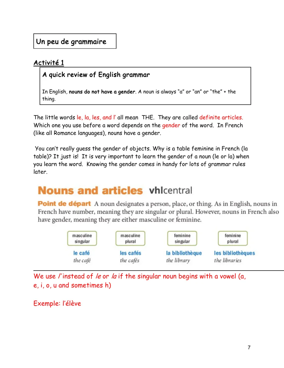 French grammar lesson introduces noun gender and definite articles le, la, les, and l' (the), with examples