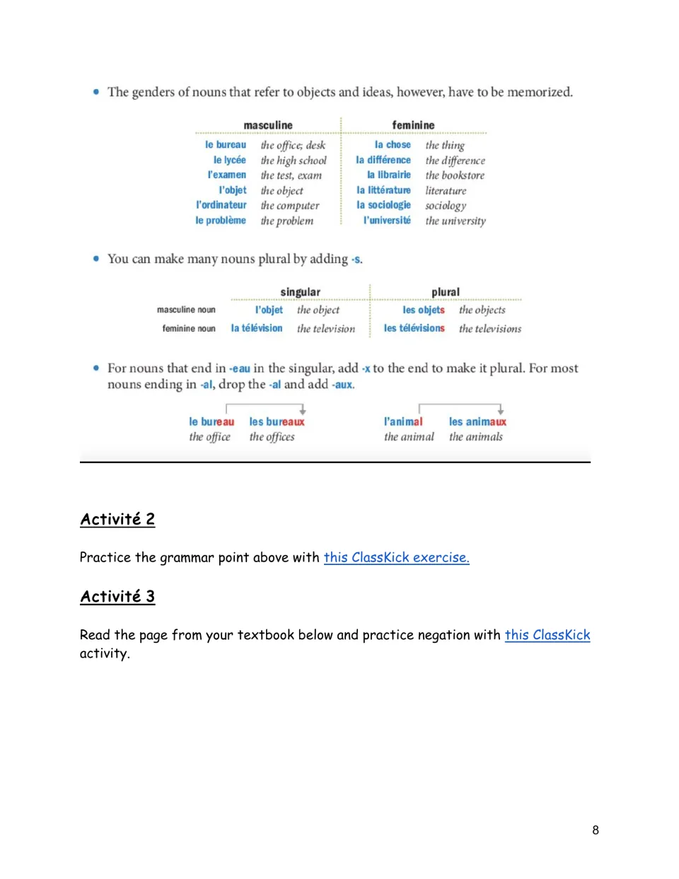French noun lesson continues with gender examples, plural endings -s, -eaux, and -aux, and linked grammar practice