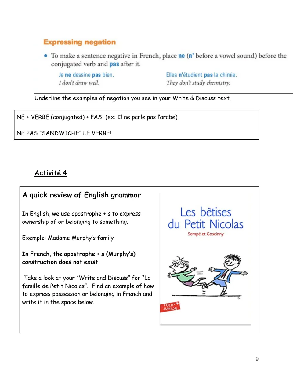 French grammar page explains ne…pas (not) and asks students to find a possession example in their written text