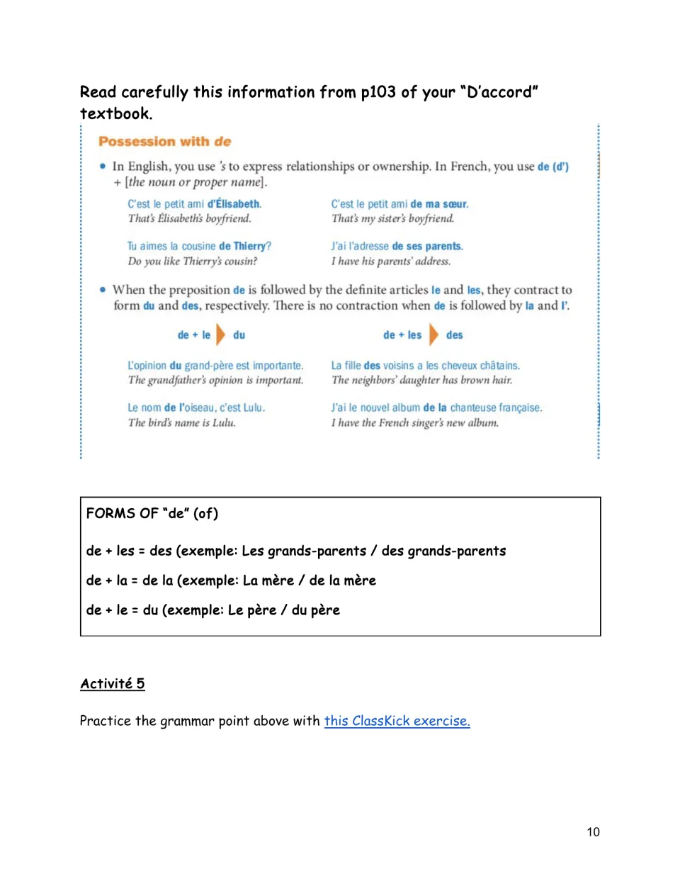 French possession lesson explains de (of), contractions du and des, and de la, followed by linked practice