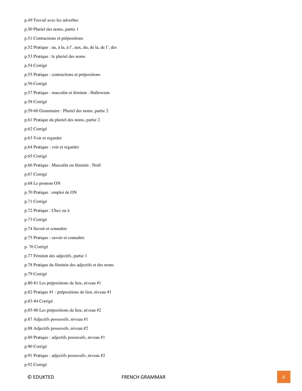 Second contents page lists lessons, practice, and keys for noun plurals, prepositions, and possessive adjectives