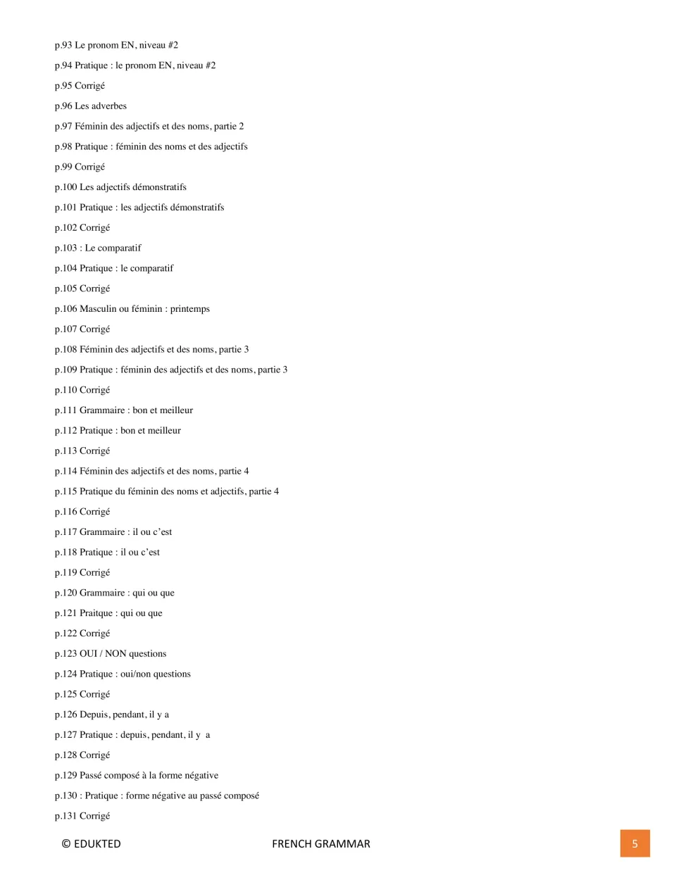 Third contents page lists lessons, practice, and keys for pronoun en, comparisons, and past-tense negation