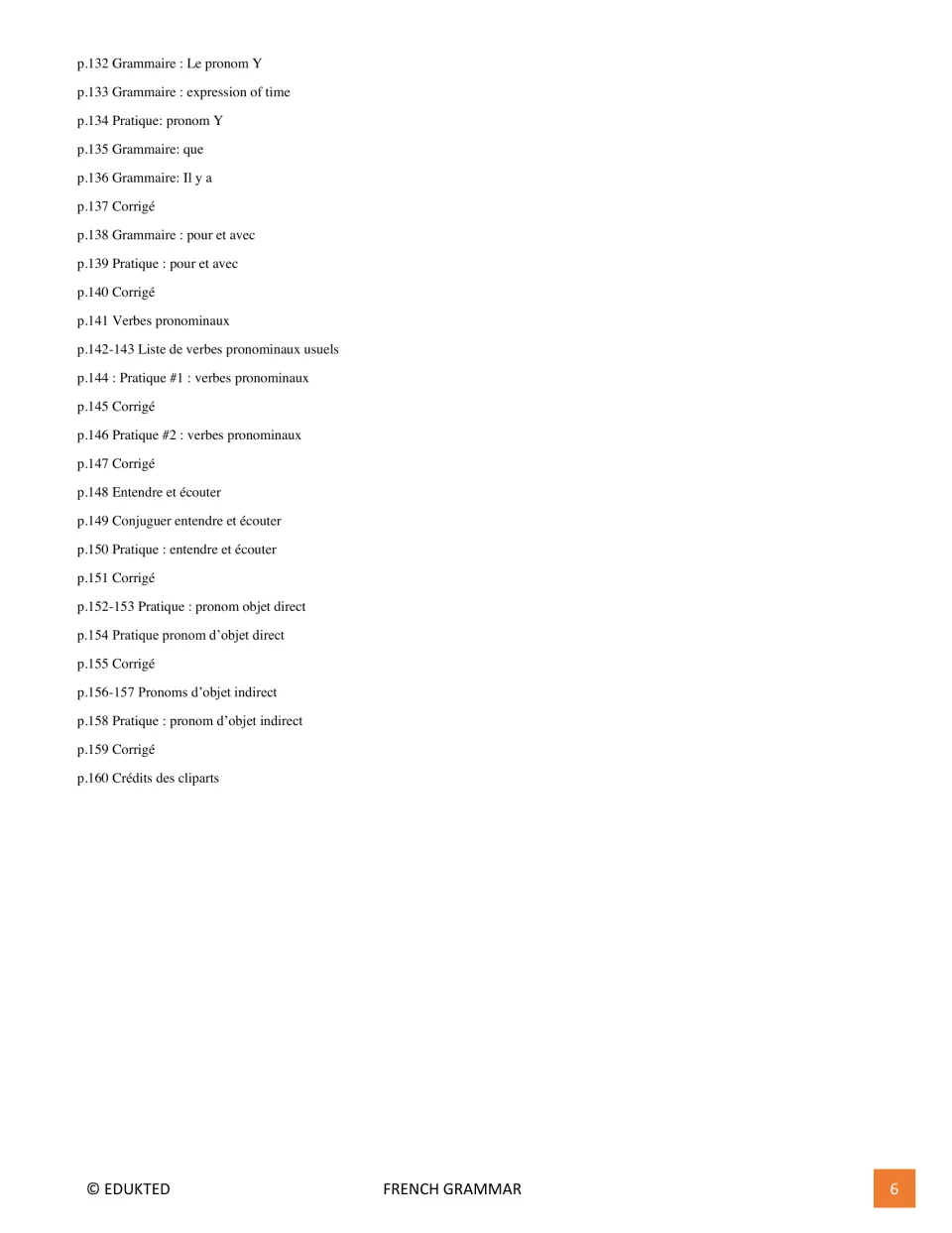 Fourth contents page lists pronoun y, time expressions, reflexive verbs, object pronouns, and practice keys